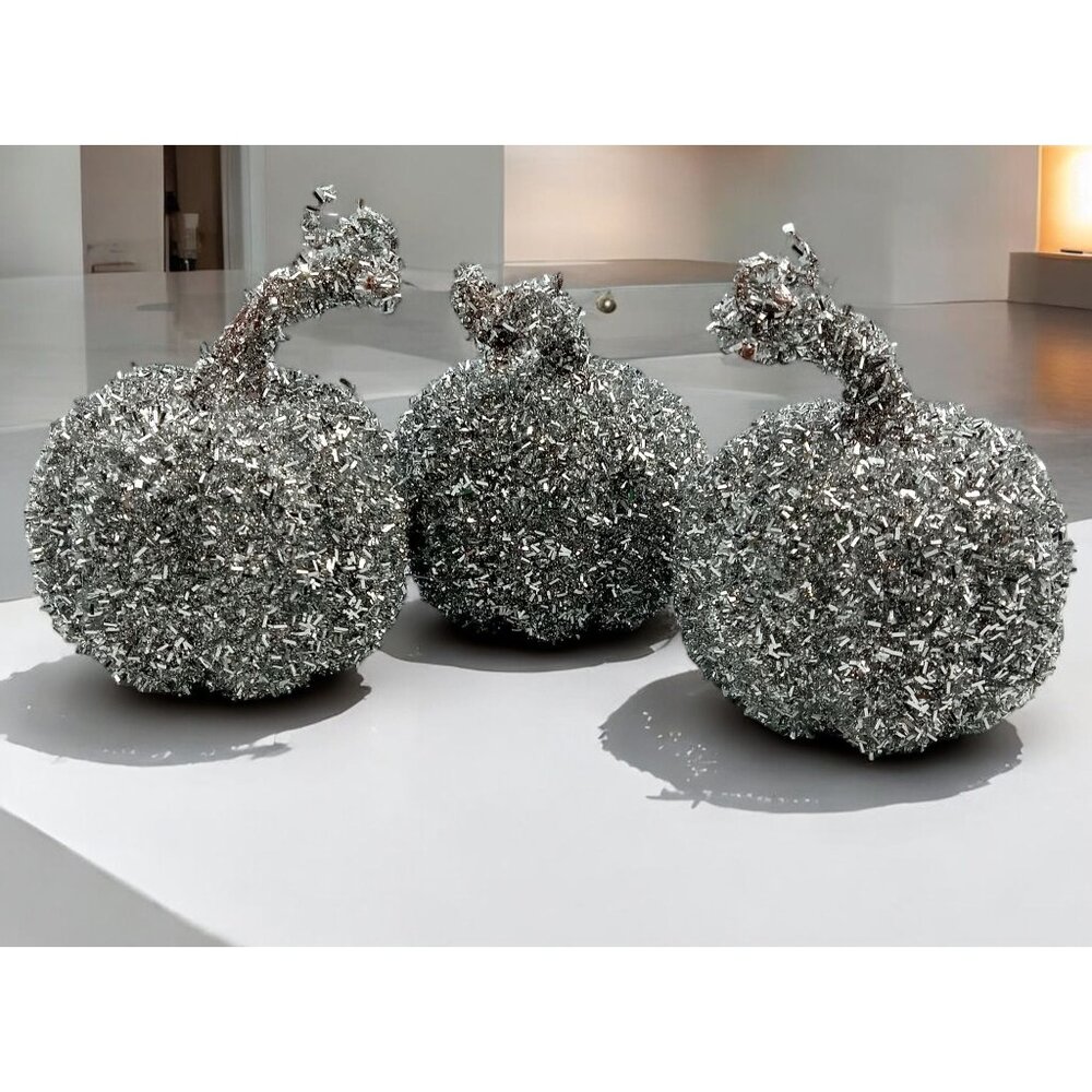 Silver Glitter Pumpkins For Fall & Halloween Decor Set Of 3